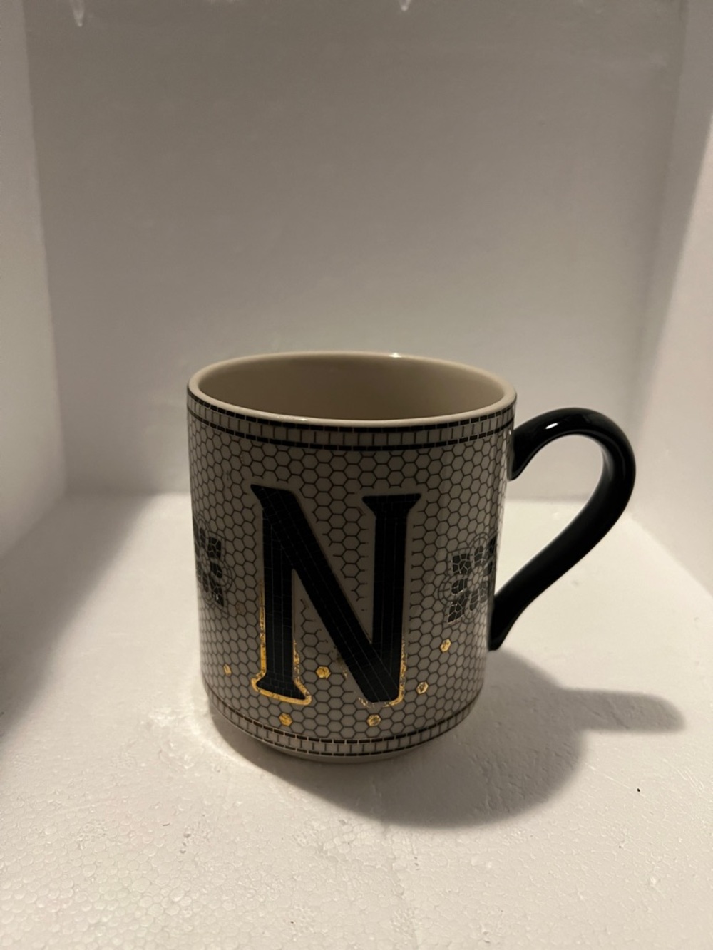 Anthropologie Black and Gold Monogram 'N' Ceramic Mug
